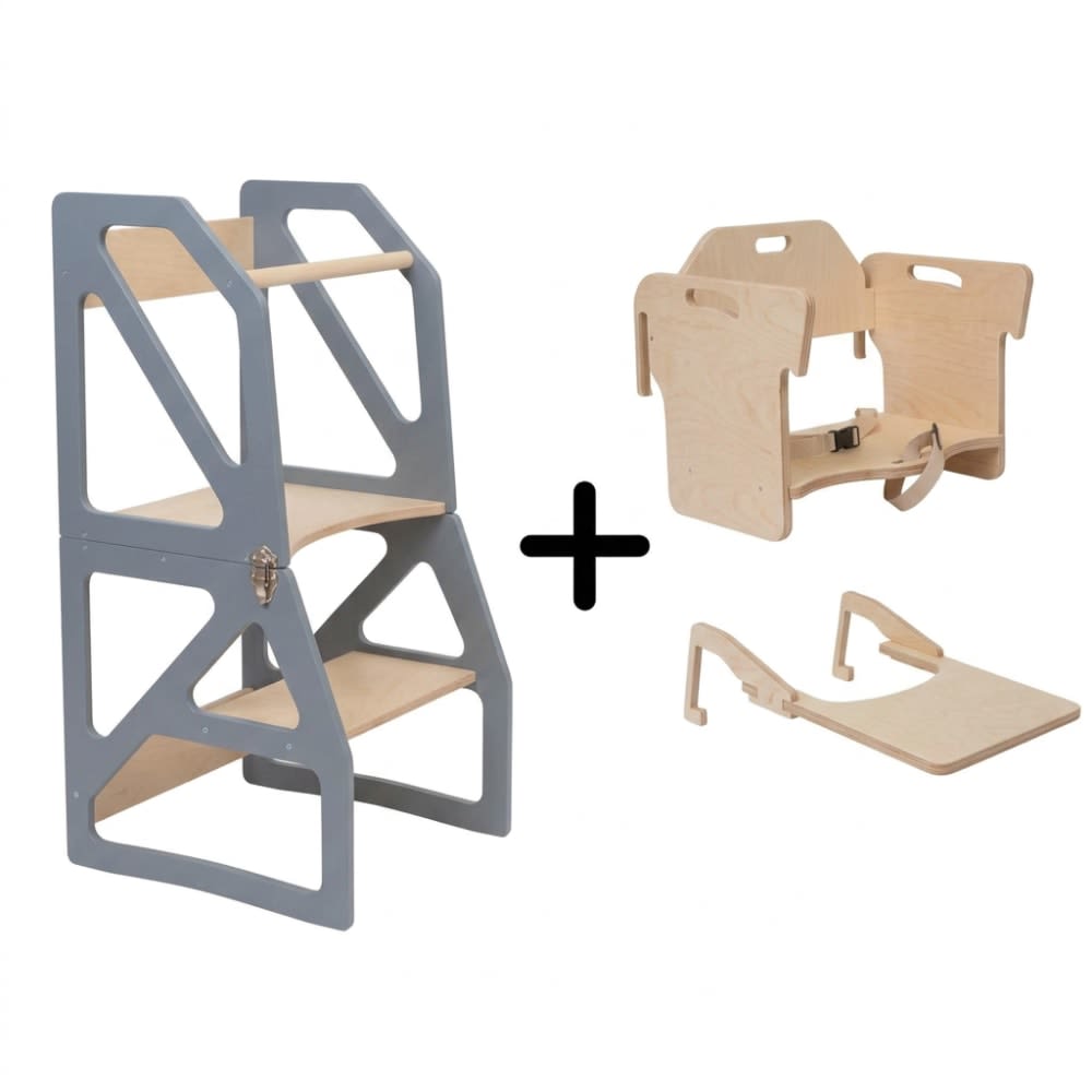 Tour d'apprentissage montessori 4-en-1 pour enfant en bois gris