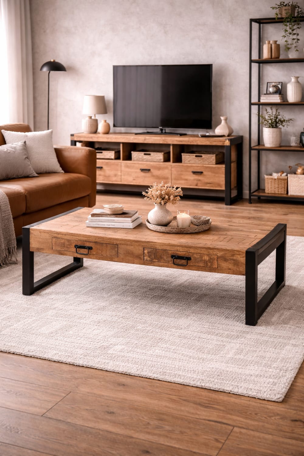 Couchtisch 140cm mit Schubladen aus Mangoholz, Hellbraun -