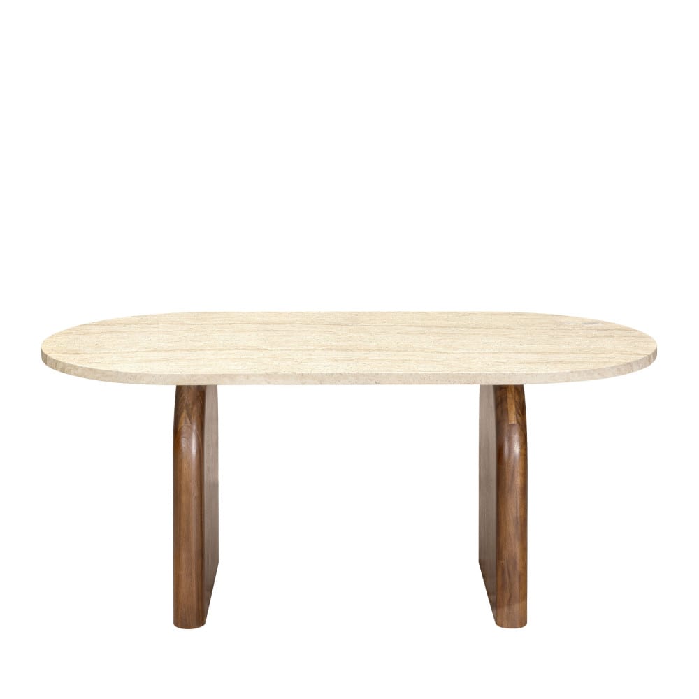 Table à manger 6 personnes effet travertin et bois - Beige