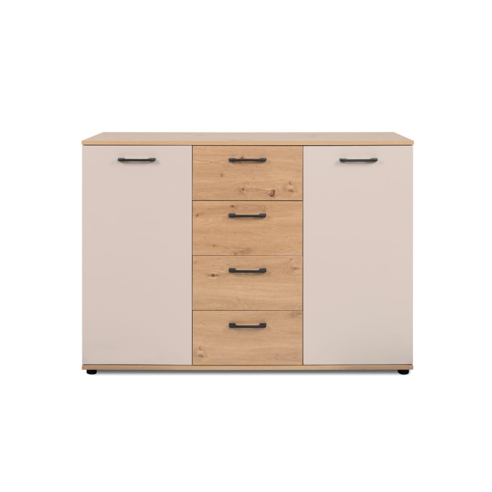 Buffet 2 portes, 4 tiroirs effet chêne et cachemire L120 cm