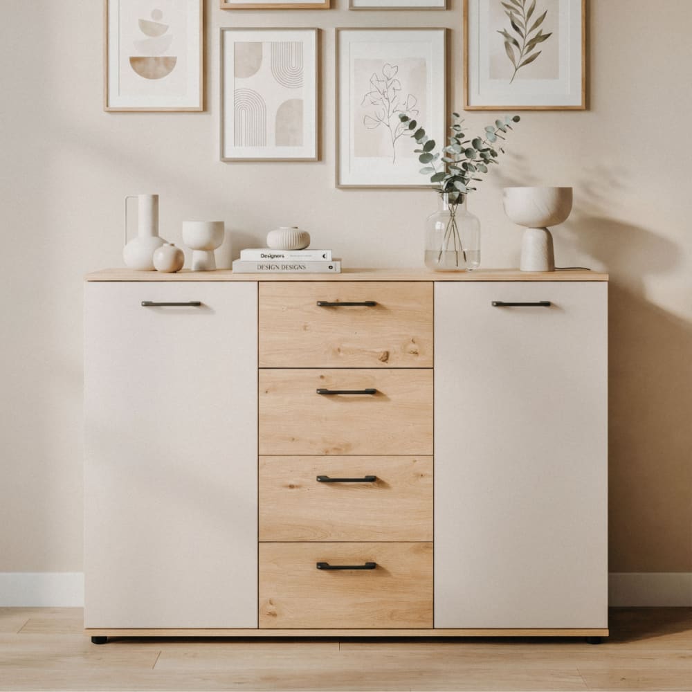 Buffet 2 portes, 4 tiroirs effet chêne et cachemire l120 cm