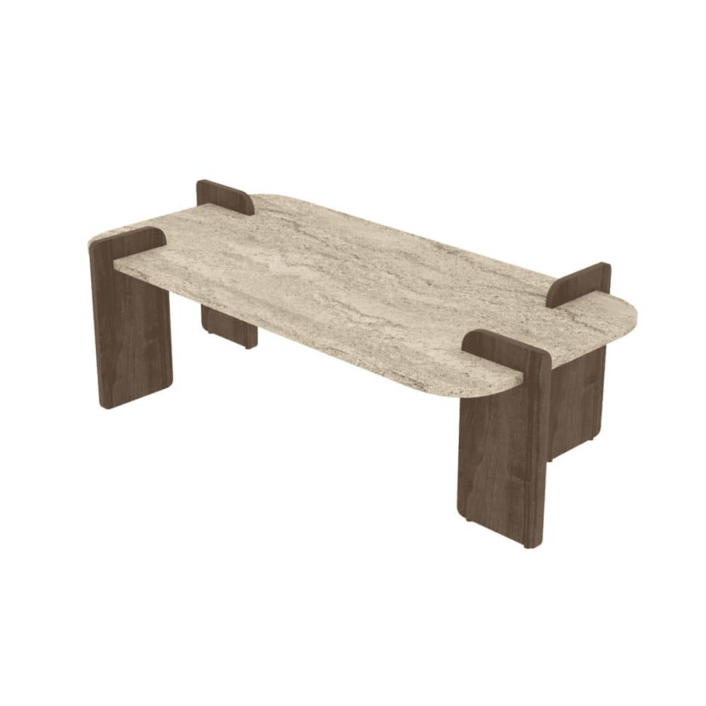 Table basse avec bords arrondis L120 cm - Effet Travertin et noyer
