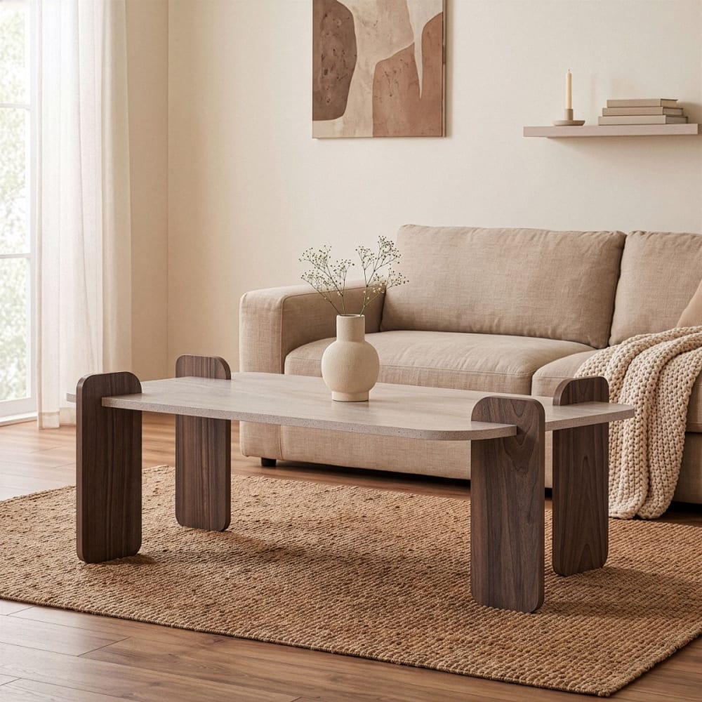 Table basse avec bords arrondis l120 cm - travertin/ noyer