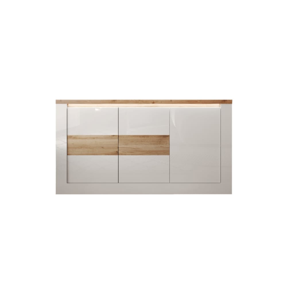 Buffet 3 portes éclairage LED décor blanc et chêne L160 cm