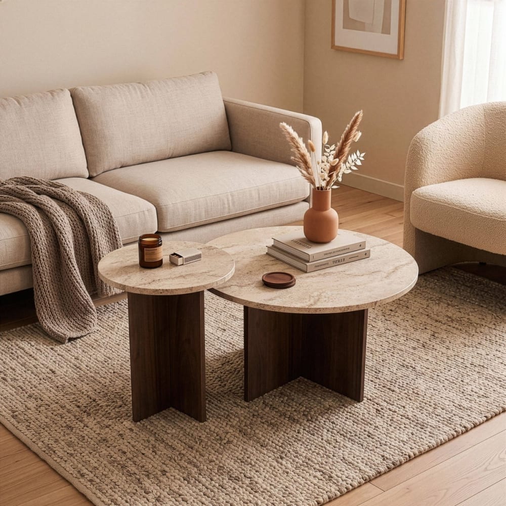 Couchtische 2er-Set, runder D70 cm - Travertin und Nussbaum -