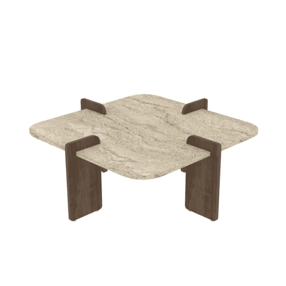 Table basse avec bords arrondis L90 cm - Effet Travertin et noyer
