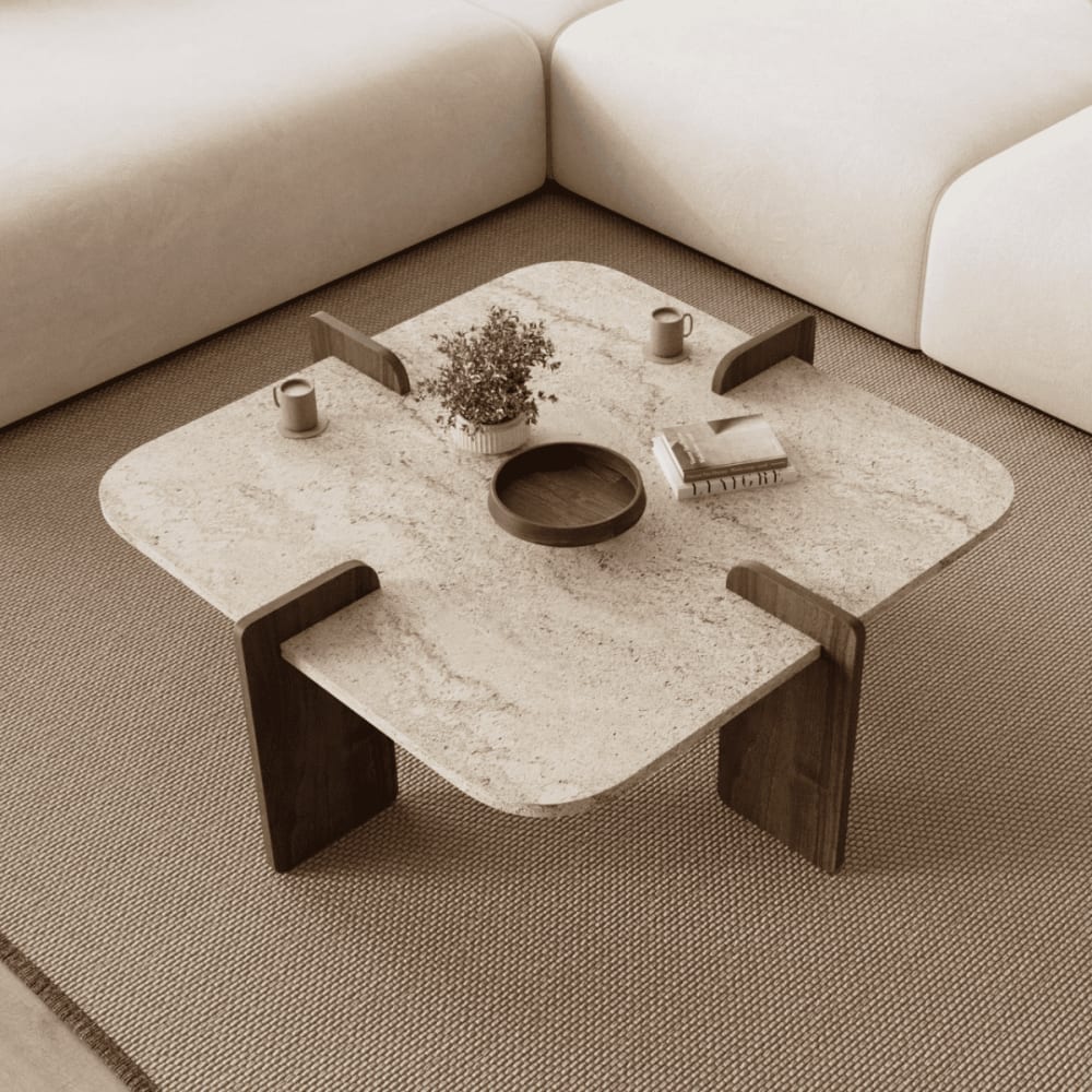 Table basse avec bords arrondis l90 cm - travertin/ noyer