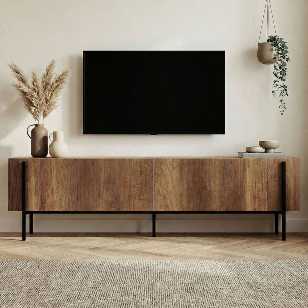 TV-Möbel mit 2 Klapptüren, L180 cm - Nussbaum und Schwarz -