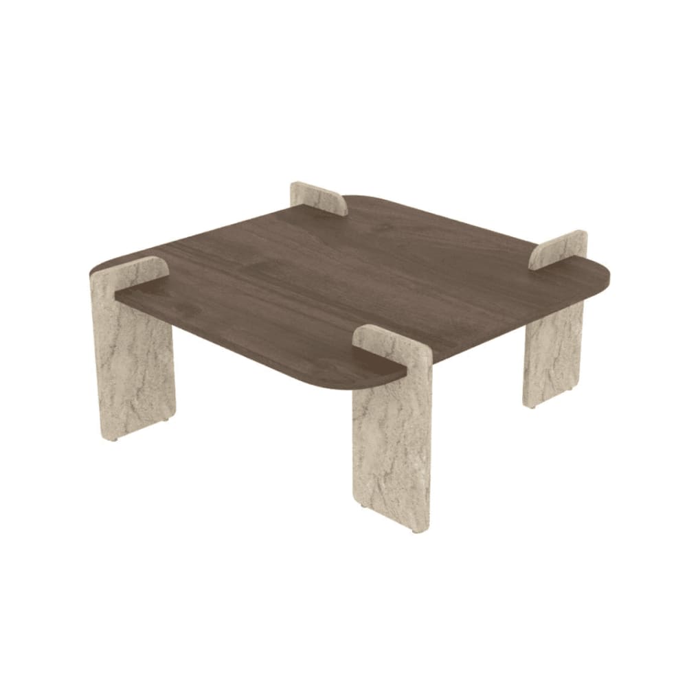 Table basse avec plateau carré L90 cm - Effet Noyer / Travertin