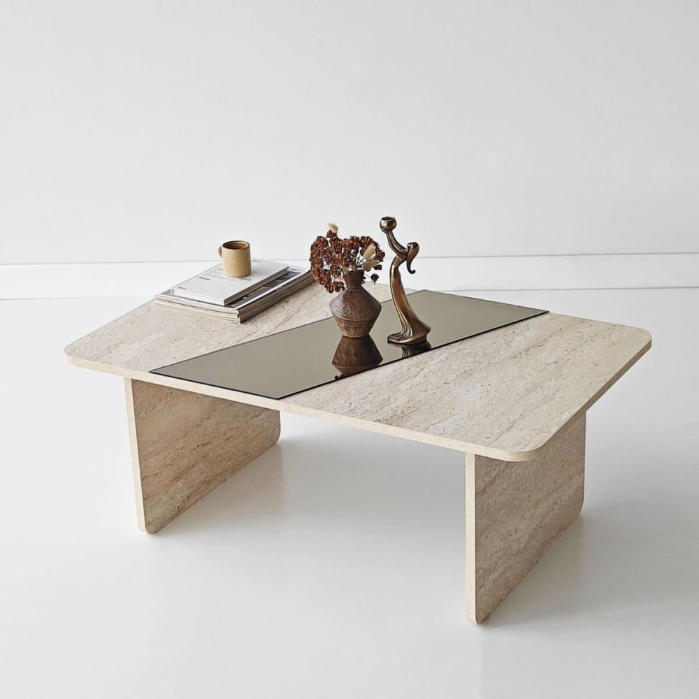 Couchtisch mit Spiegel L100 cm - Travertindekor - Maisons Du