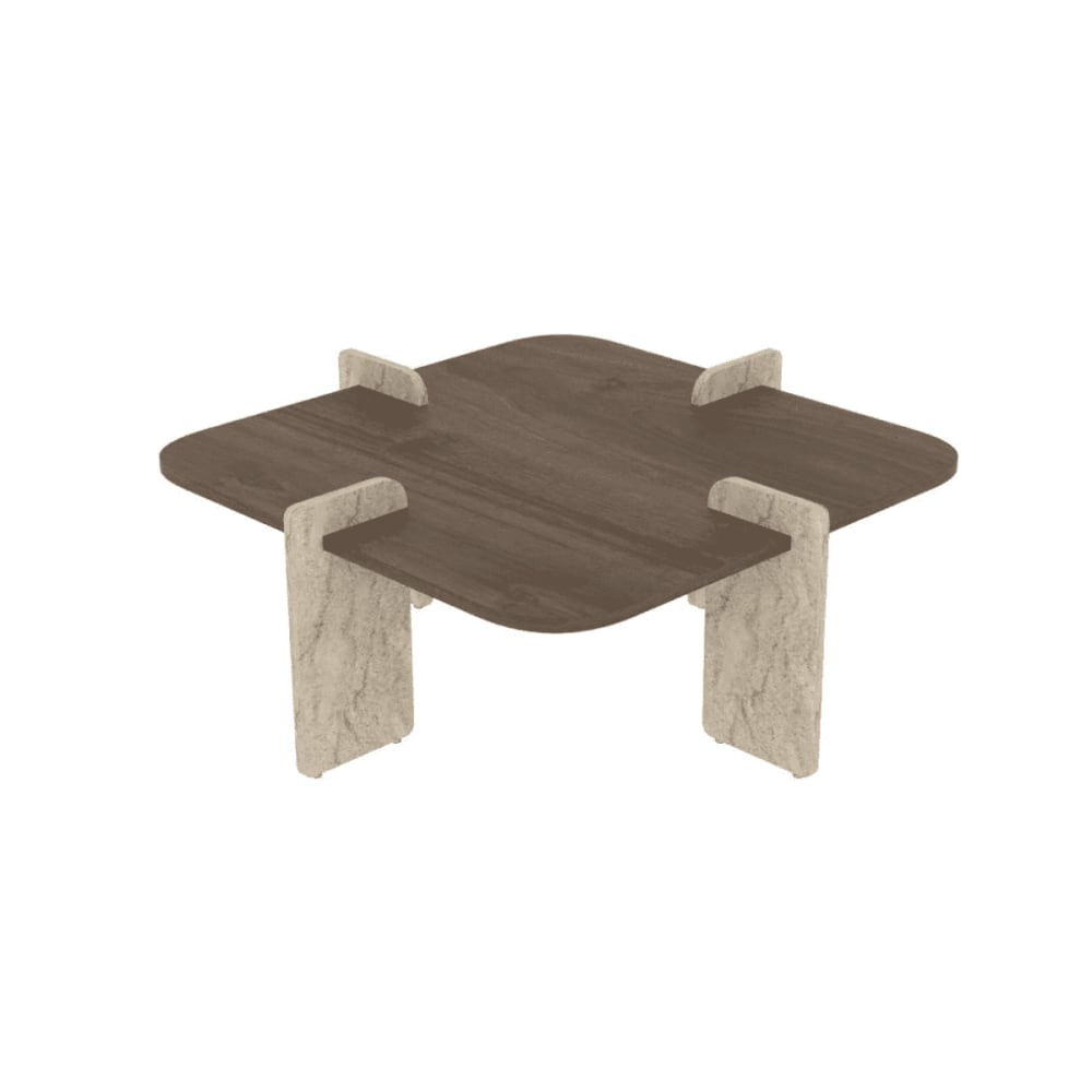 Table basse avec bords arrondis L90 cm - Effet Noyer / Travertin