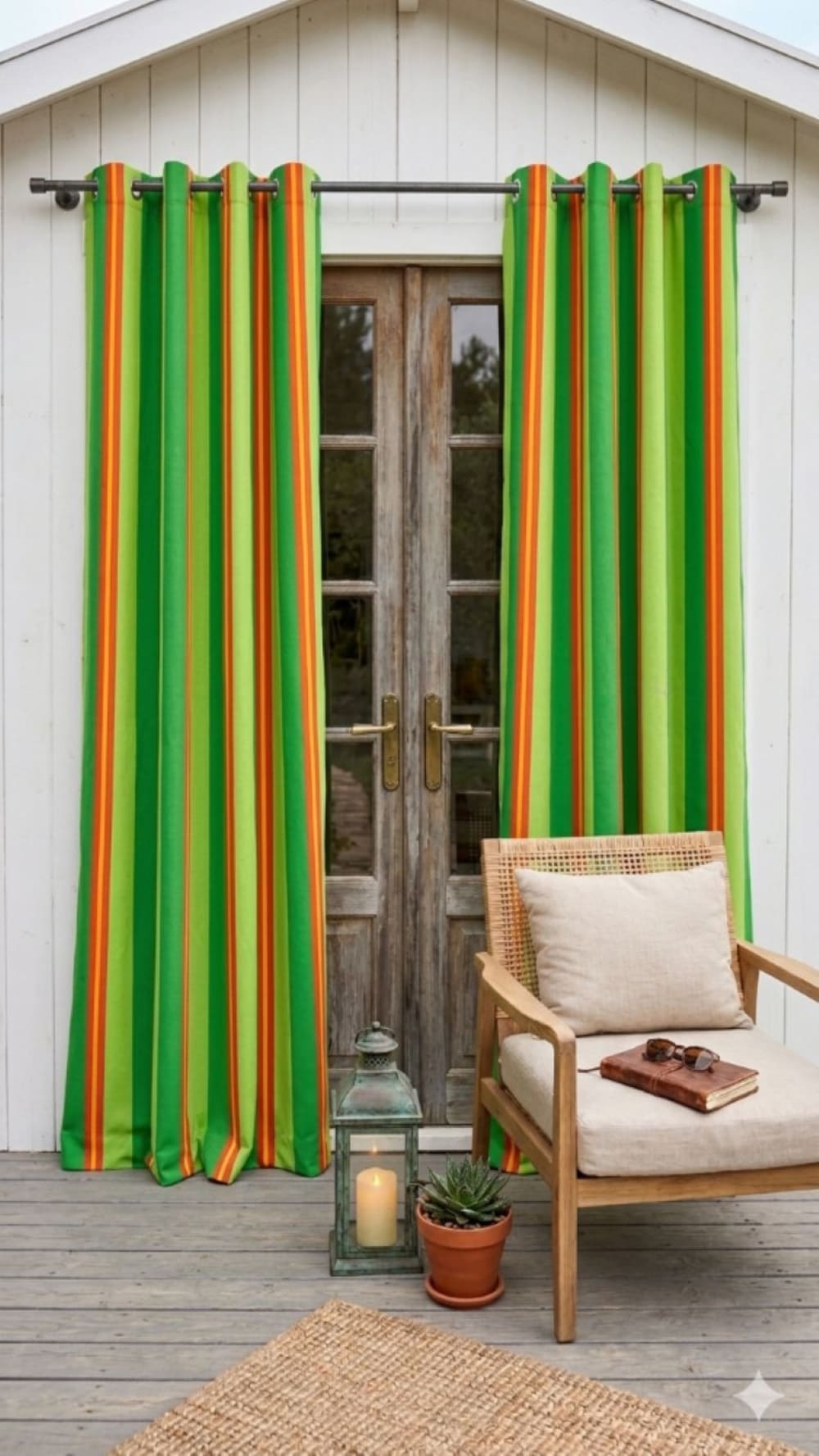 Rideau d'extérieur rayures verte, orange et jaune 140x265cm — vue 3