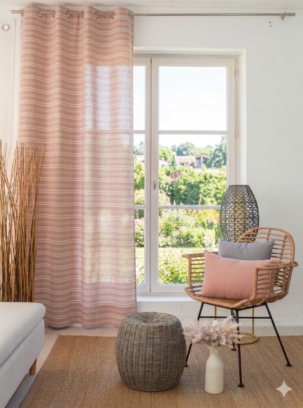 Rideau à rayures horizontales style bohème rose poudré 140x240cm