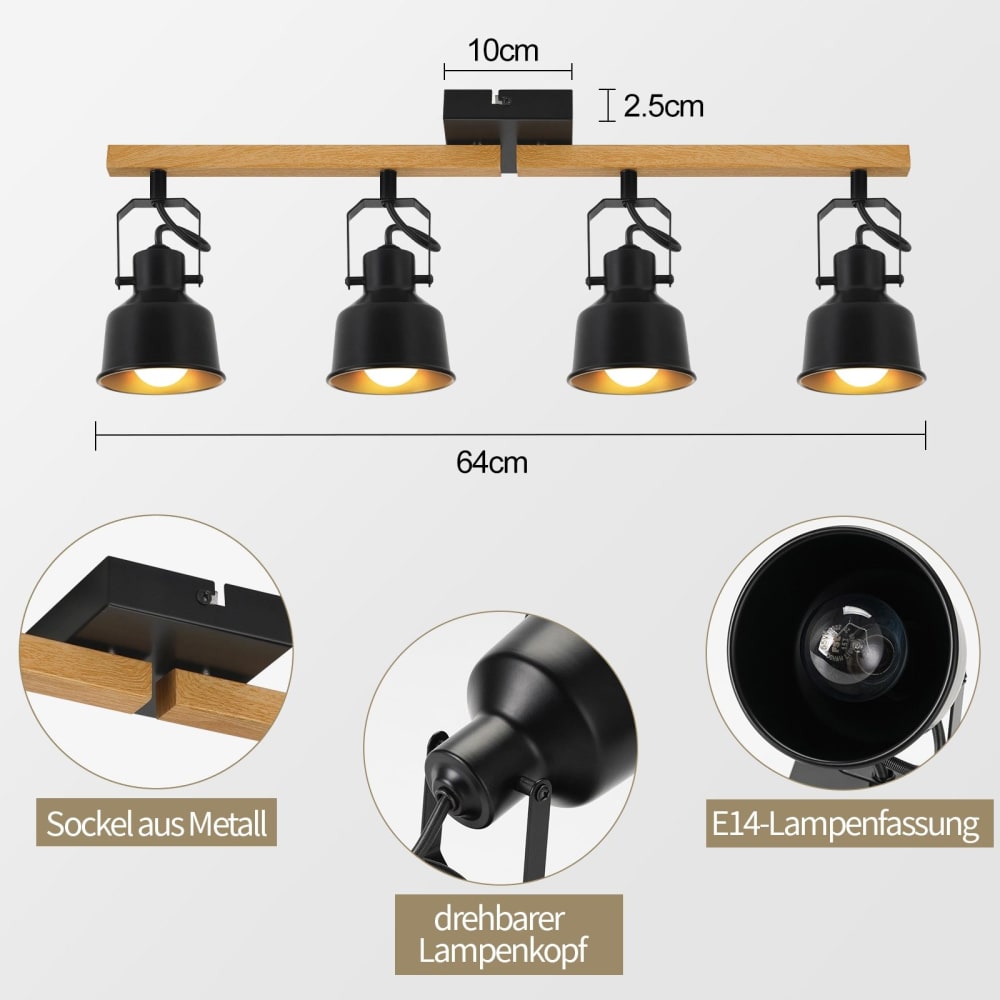 Bruchsal - spot de plafond en métal, noir, l 60 cm, e14 — vue 4