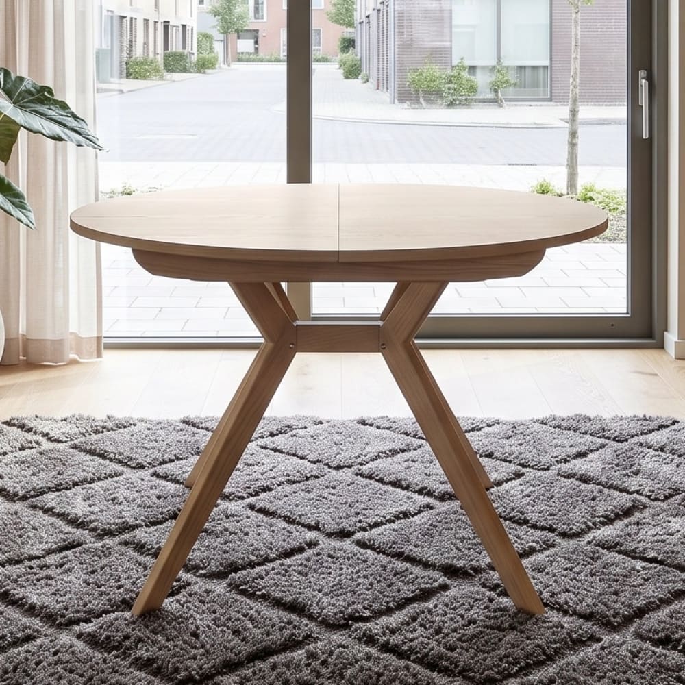 Runder Ausziehtisch aus Massivesche und eschefurniertem MDF,