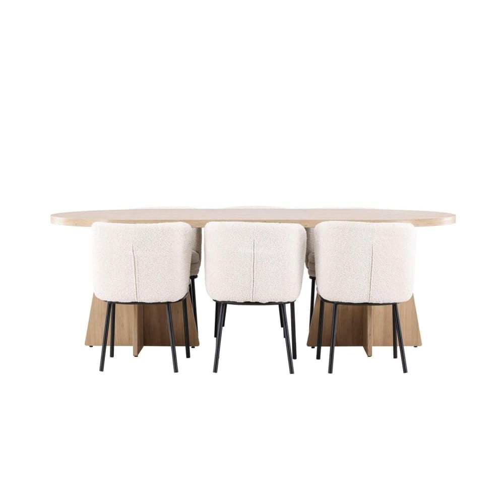 Venture Home Essgruppe Esstisch 230*115cm mit Stühlen Agnes aus Teddy-Boucle Braun Spanplatte