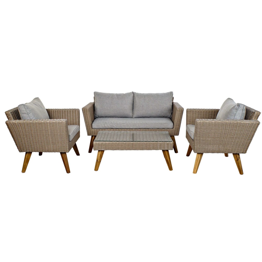 Salon de jardin en rotin synthétique beige et gris 4 places