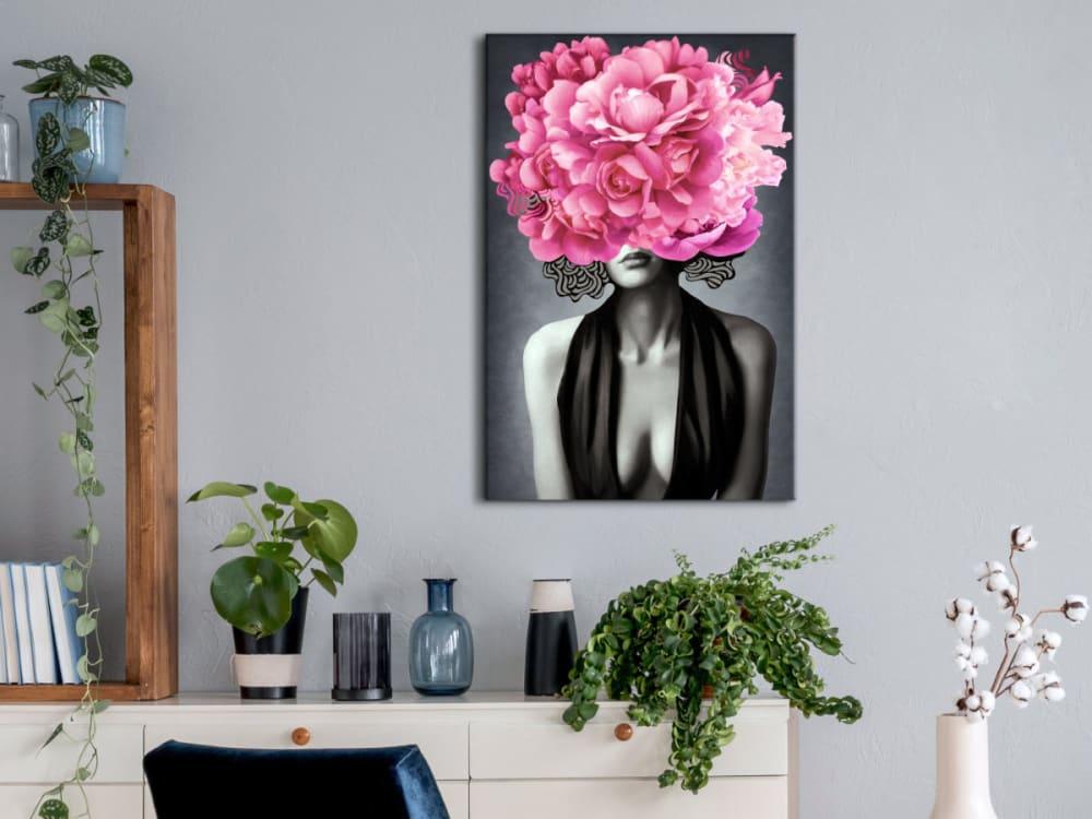 Tableau femme noir et blanc, fleurs colorées - 120 x 80 cm - artgeist