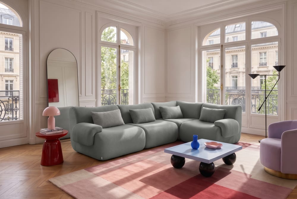 Canapé d'angle modulaire 4 places Tissu fine bouclette Gris nuage