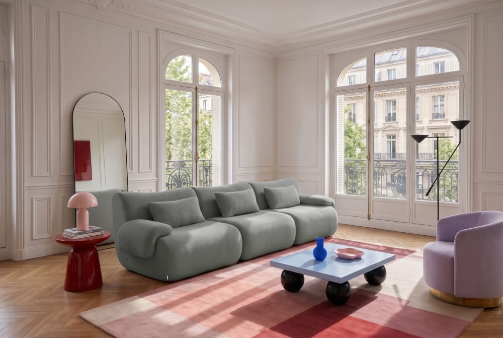 Canapé droit modulaire 3 places Tissu fine bouclette Gris nuage