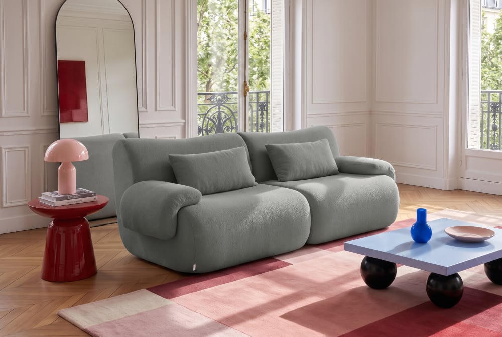 Modulares 2-Sitzer Sofa gerade aus feinem Bouclé-Stoff Wolkengrau