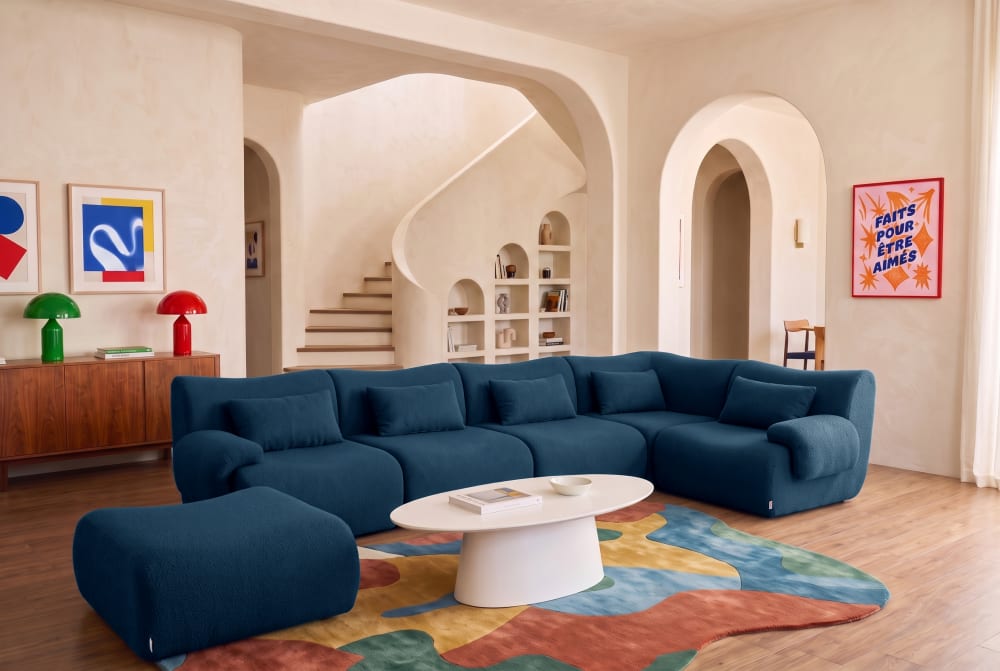Ecksofa 5-Sitzer mit Chaiselongue aus feinem Bouclé-Stoff