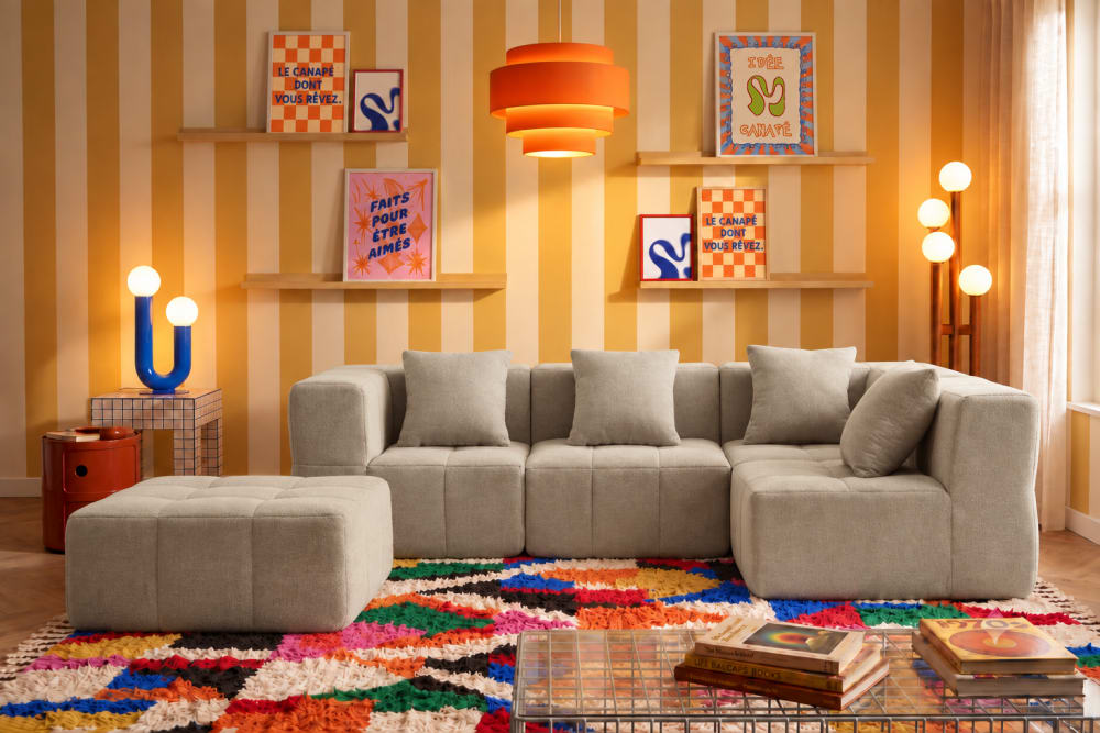 Ecksofa 4-Sitzer mit Chaiselongue aus feinem Bouclé-Stoff