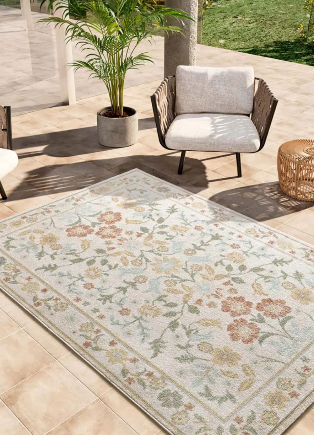 Atticgo In- & Outdoor-Teppich, Blumenmotive, beige / mehrfarbig, 160x230 cm style vintage Öko-Tex Zertifikat - Pp - Polypropylen