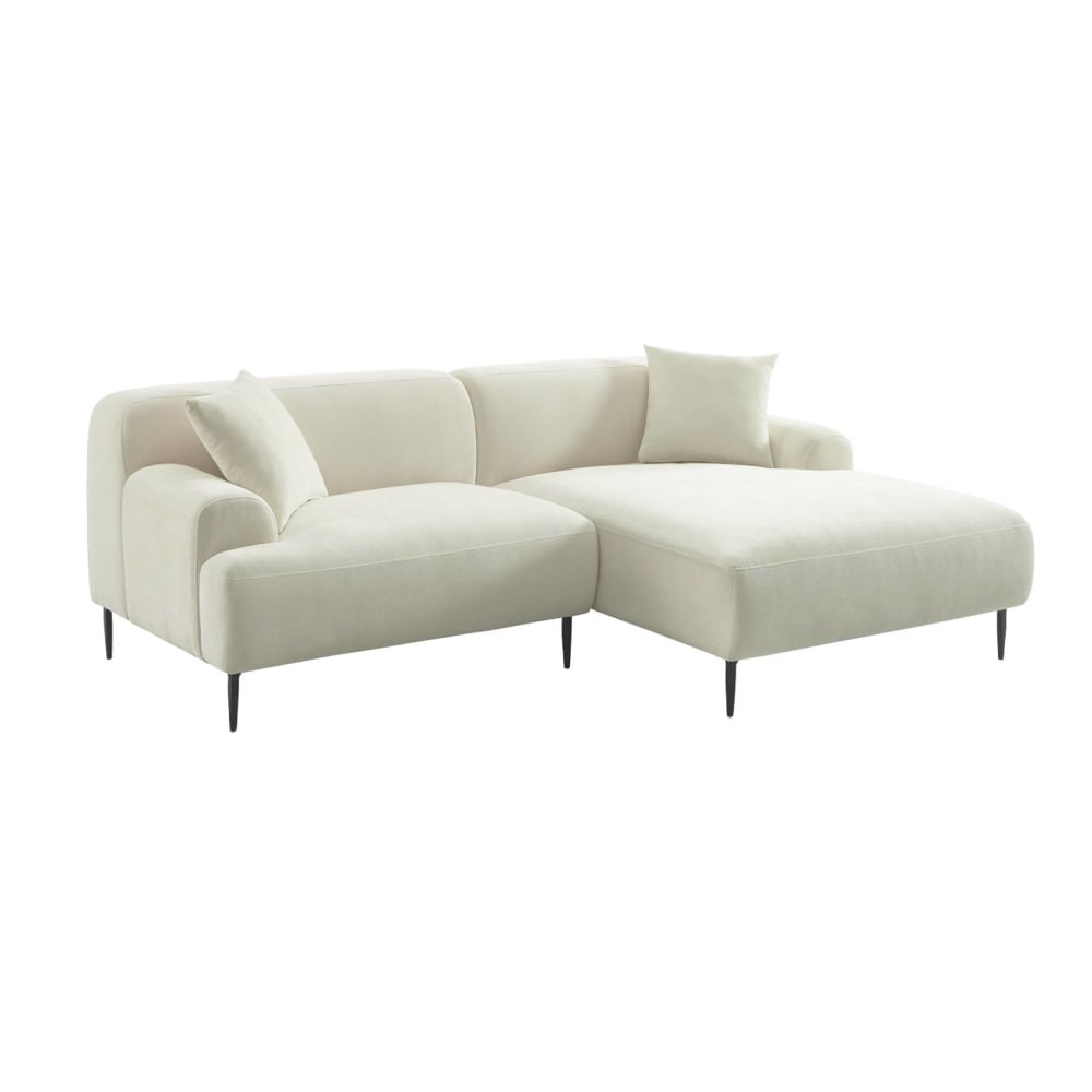 Canapé d'angle droite 3 places tissu crème, pieds métal