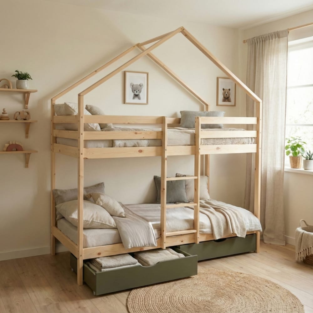 Lit enfant superposé 90 x 190 cm pin avec tiroirs vert