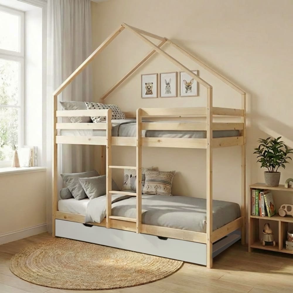 Lit enfant superposé 90 x 190 cm pin avec sommier et tiroir blanc Lit enfant superposé 90 x 190 cm pin avec sommier et tiroir blanc