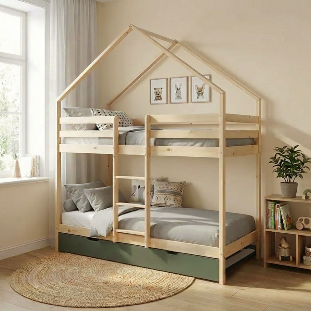 Lit enfant superposé 90 x 190 cm pin avec sommier et tiroir vert Lit enfant superposé 90 x 190 cm pin avec sommier et tiroir vert