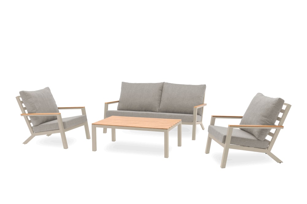 Salon de jardin 5 pl en alu et plateau composite effet bois