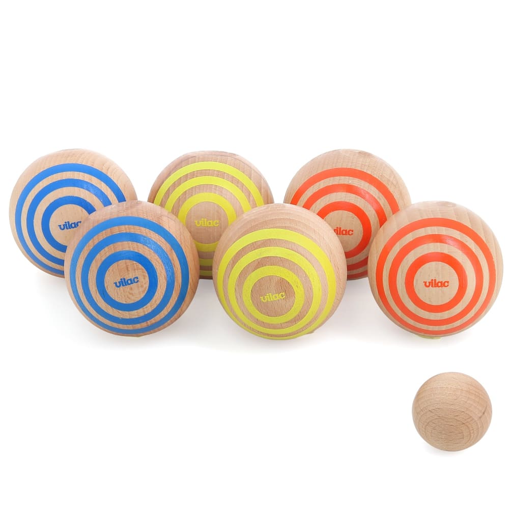 VILAC 6 Petanque-Kugeln aus Holz in einer Tasche geliefert. Petanque-Spiel Stripes, hergestellt in Frankreich von Vilac. Artikelnummer 4073. Beige