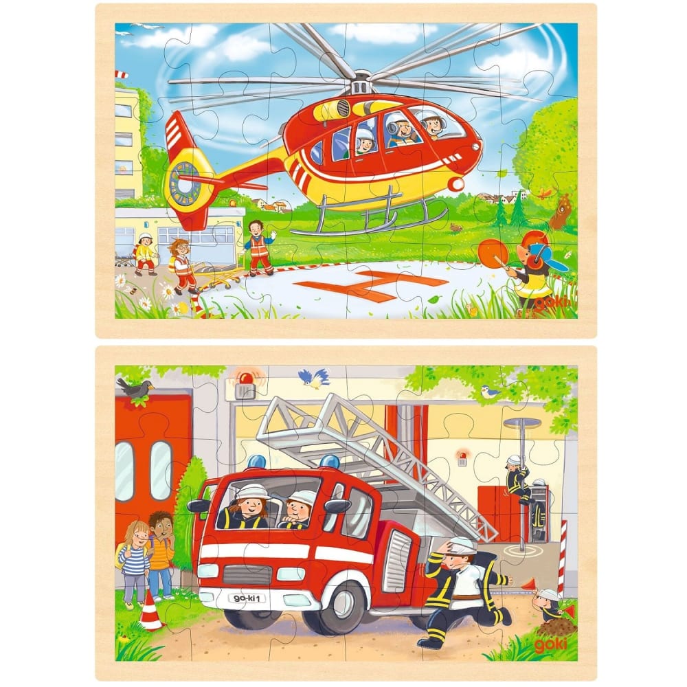 Goki Einlegepuzzle Hubschrauber und Feuerwehr BEIGE HOLZ Kinder