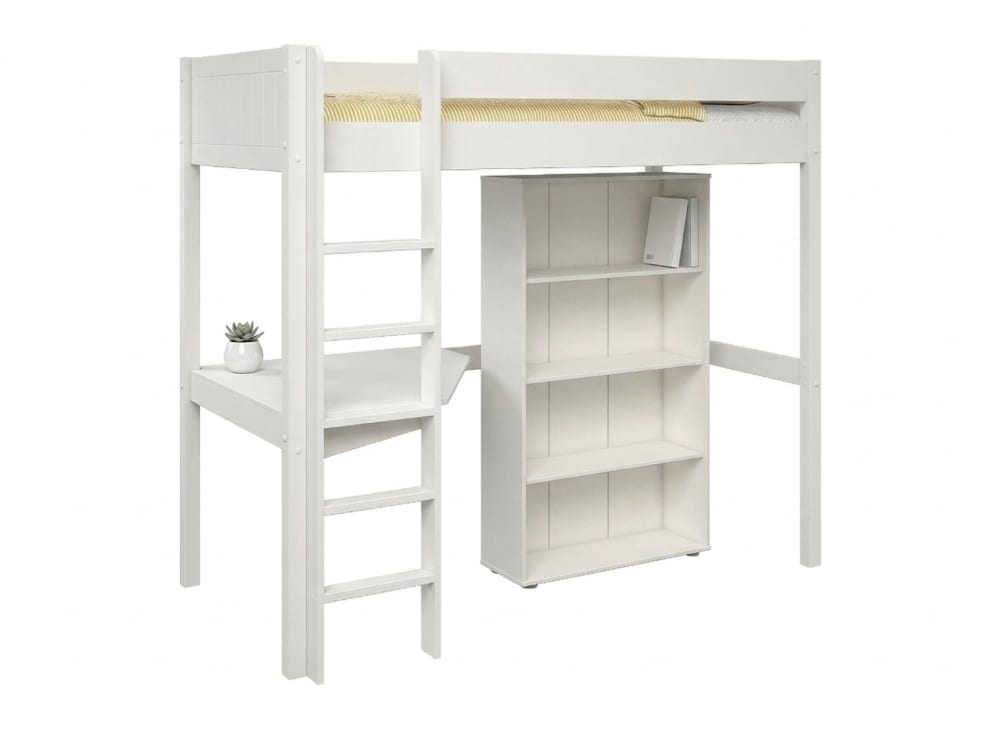Lit mezzanine avec bureau 90x190 et bibliothèque Blanc