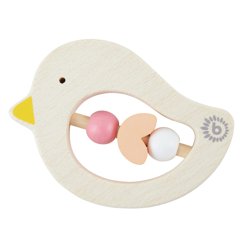 Bieco Vogel Beißring aus Holz mit Holzperlen, orange-rot, 10 cm ORANGE HOLZ Baby