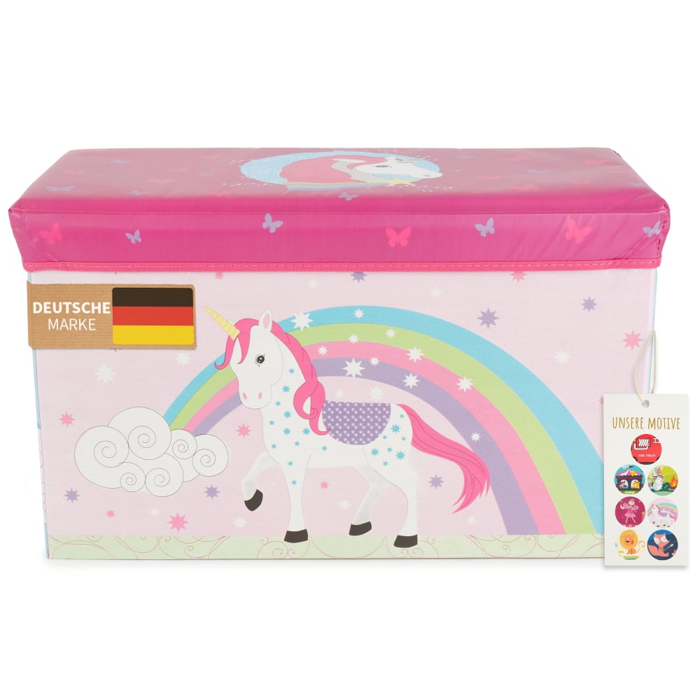 Coffre à jouets avec couvercle licorne rose