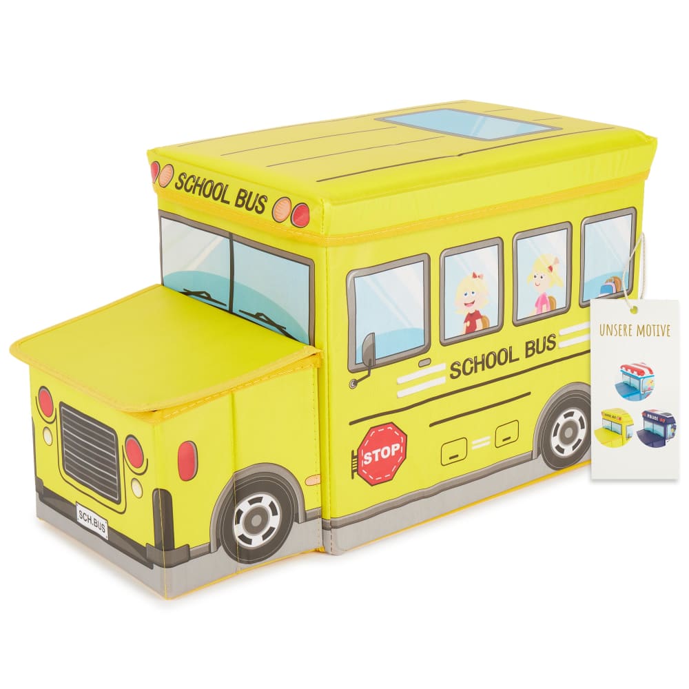 Coffre à jouets pliable bus scolaire, couvercle rembourré, jaune Coffre à jouets pliable bus scolaire, couvercle rembourré, jaune