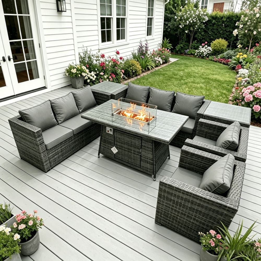 Fimous 8-Sitzer Rattan Set mit Gas Esstisch & Beistelltische -