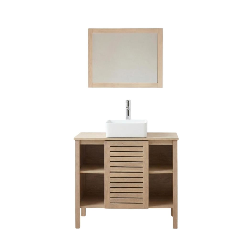Ensemble simple vasque  90cm chêne avec vasque, robinet et miroir