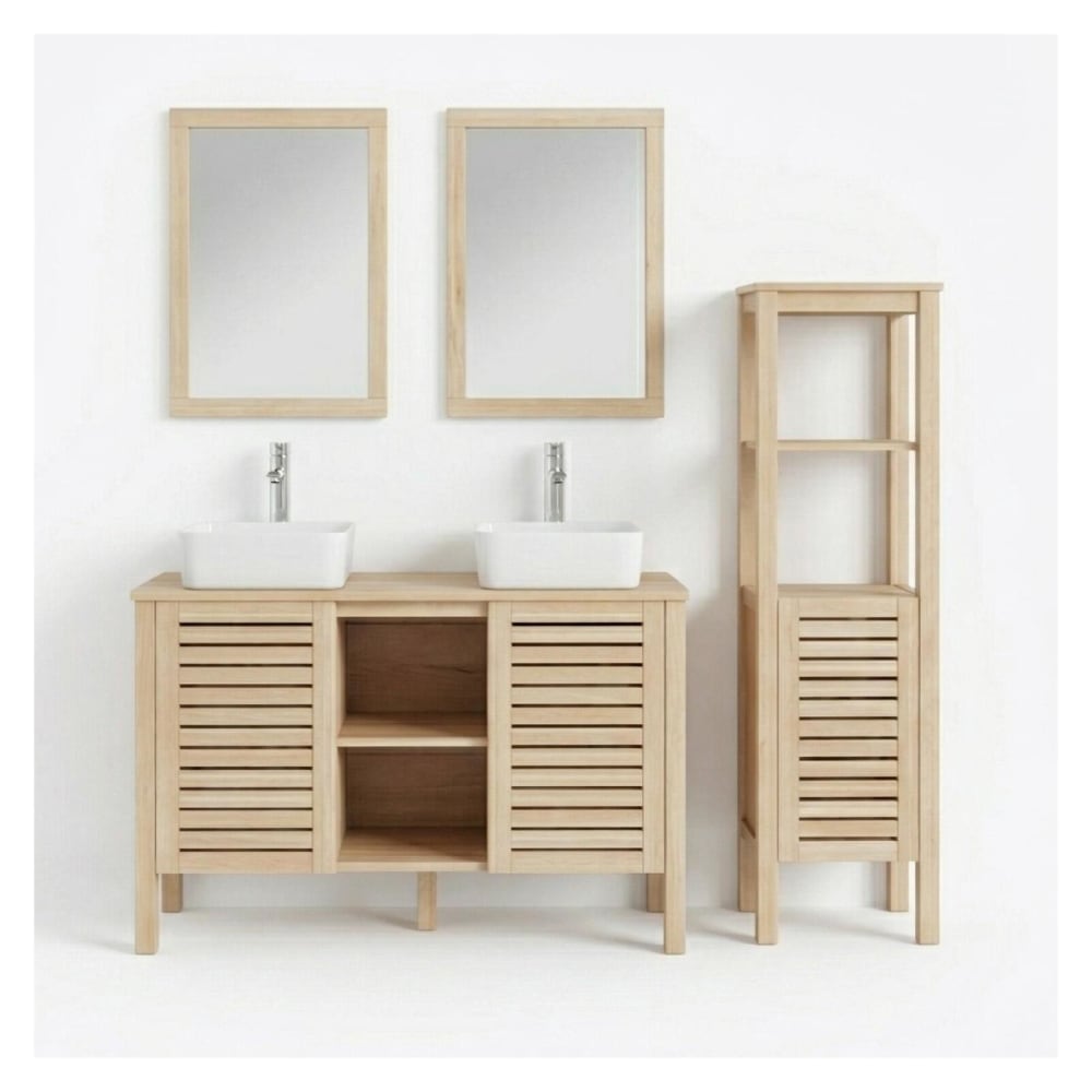 Ensemble double vasque  120cm chêne avec robinet, miroir et colonne