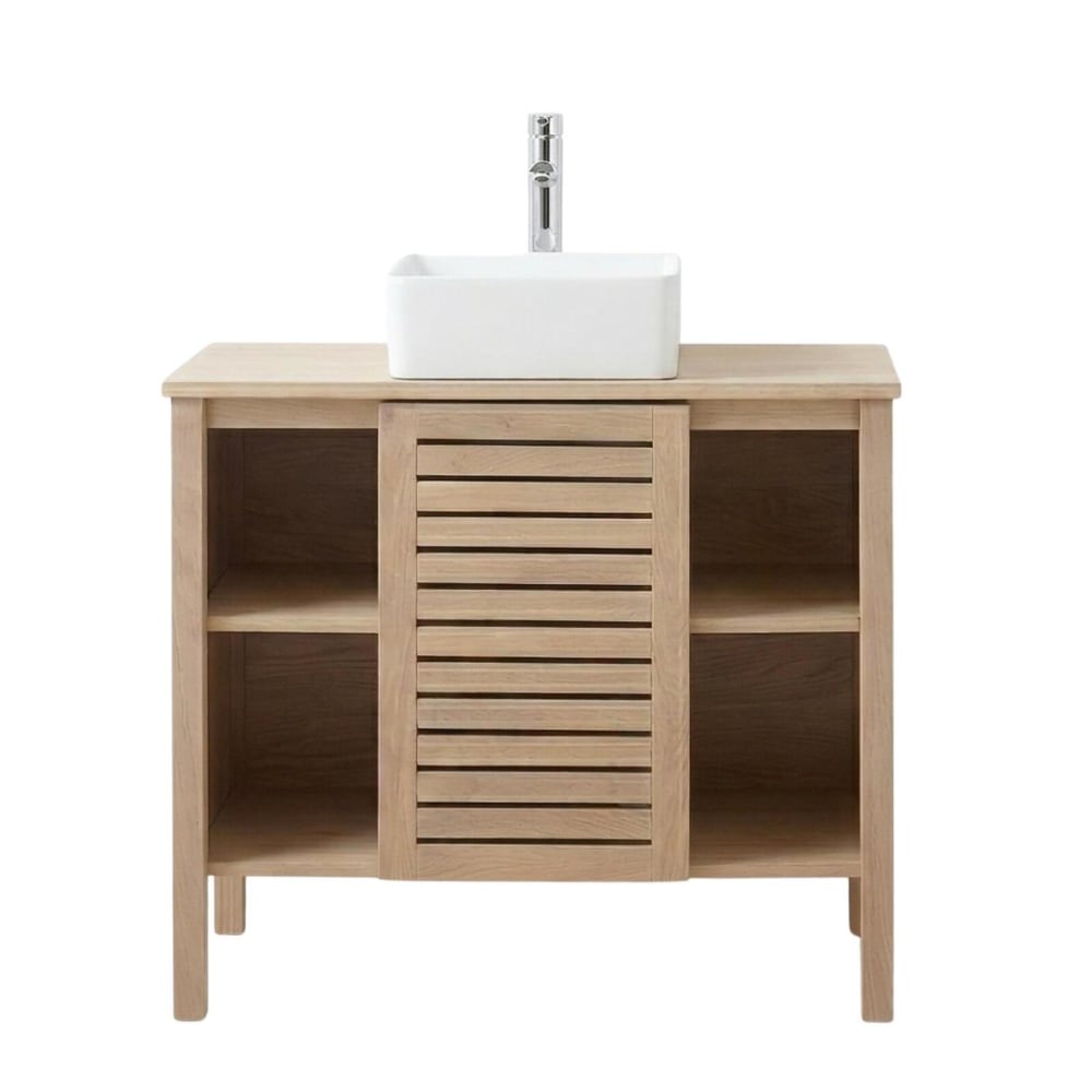 Ensemble simple vasque  90cm chêne avec vasque et robinet chromé