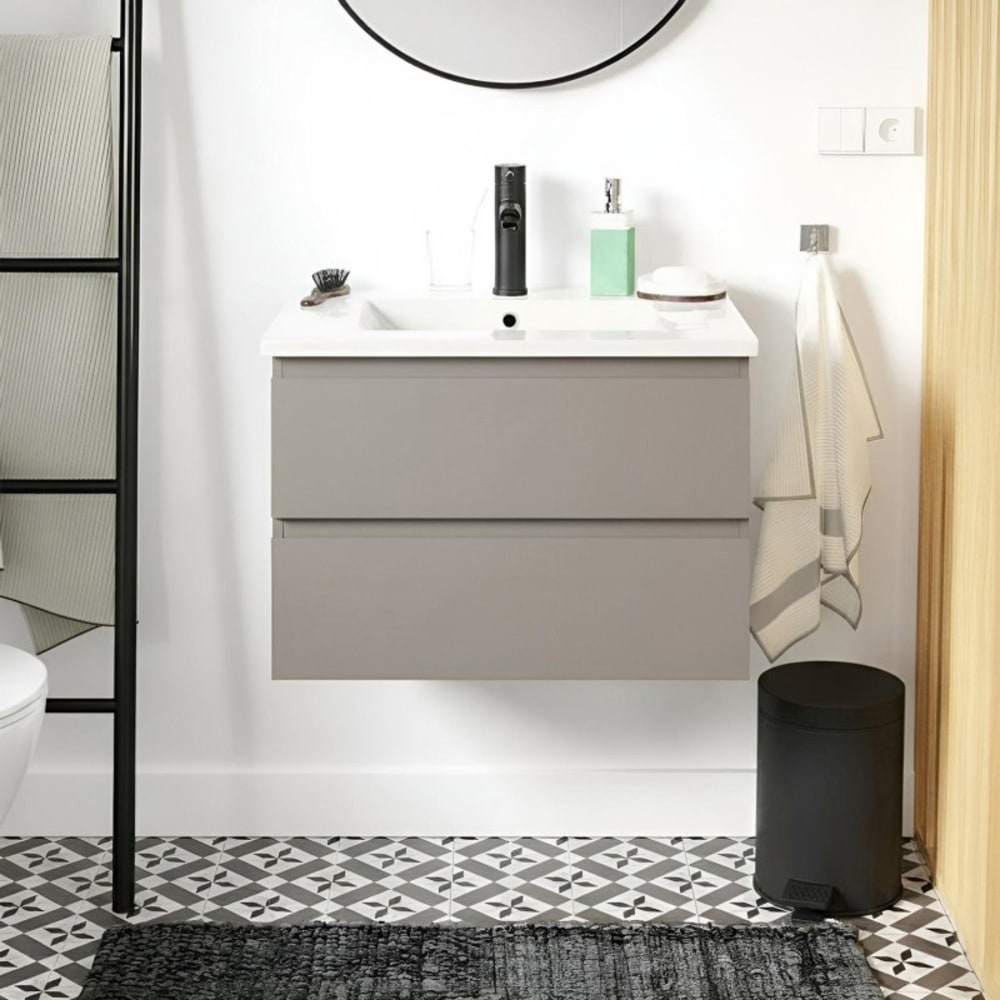 Mob In Einzelwaschtisch-Set 60cm mit Keramikplatte und schwarzem Wasserhahn Braun Spanplatte