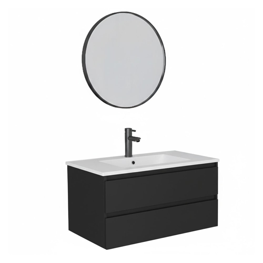 Meuble simple vasque  80cm décor chêne avec robinet et miroir