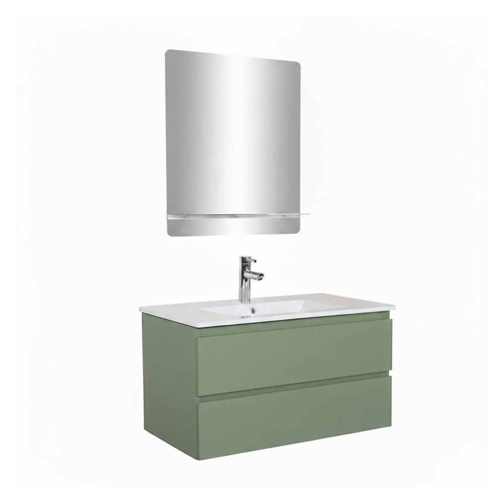 Meuble simple vasque  80cm décor chêne avec robinet et miroir
