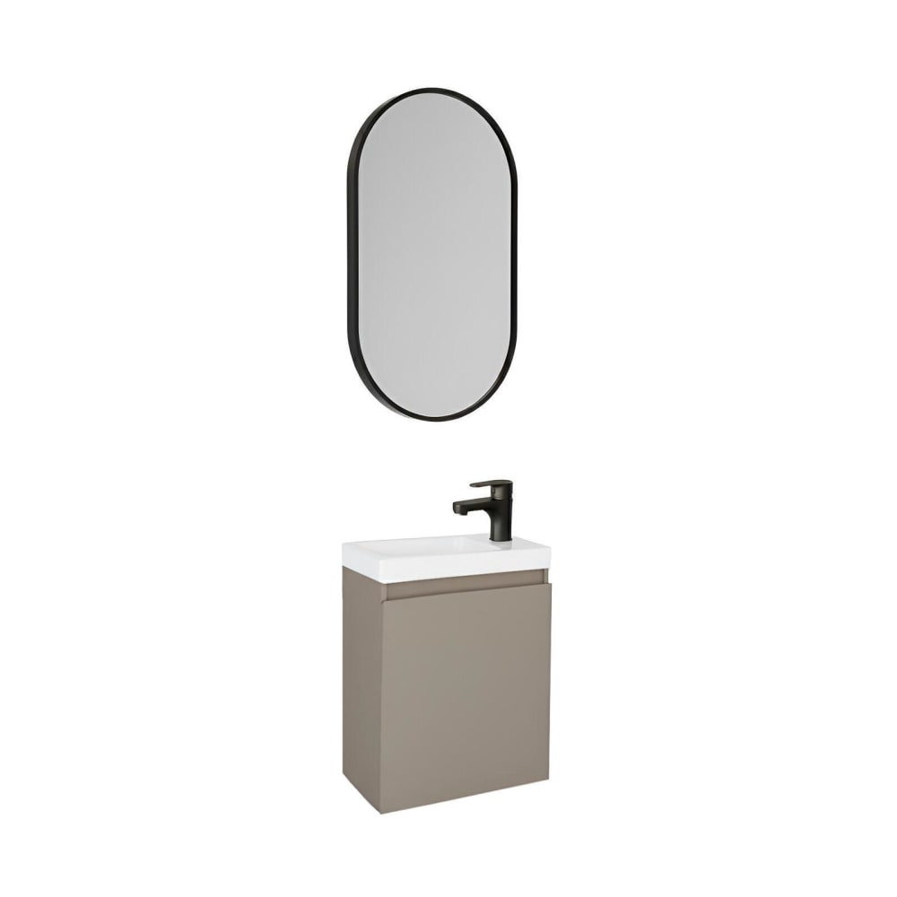 Meuble lave-mains  + robinet noir + miroir ovale