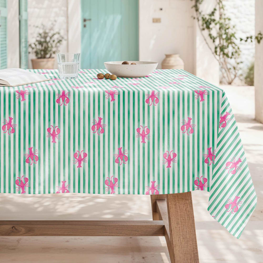 Nappe verte antitache en coton rayures et motif homards roses 155x200