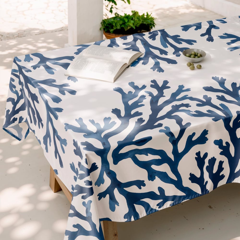 Blaue fleckabweisende Baumwoll-Tischdecke mit Korallenmuster