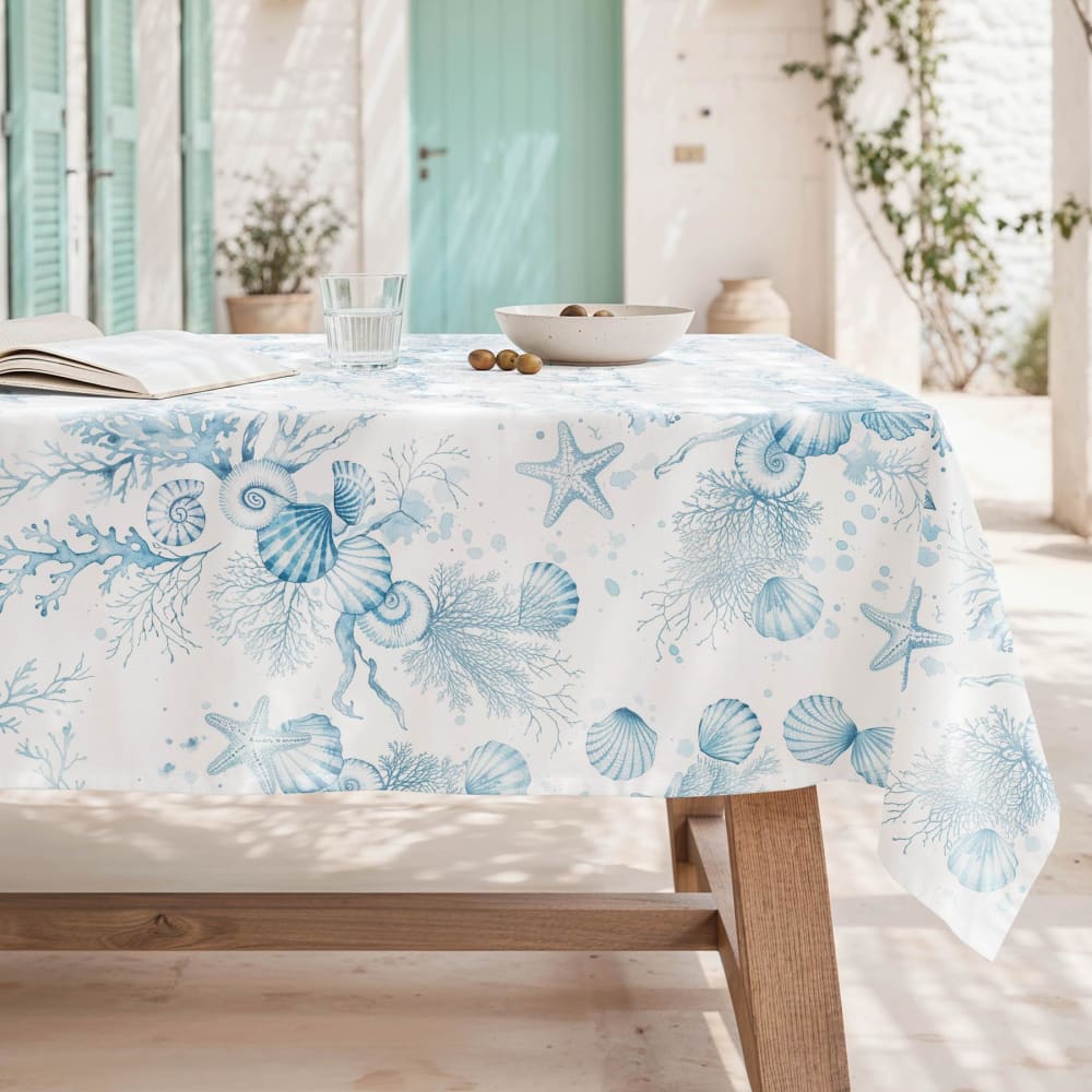 Nappe blanche antitache en coton avec motif marin bleu 155x200